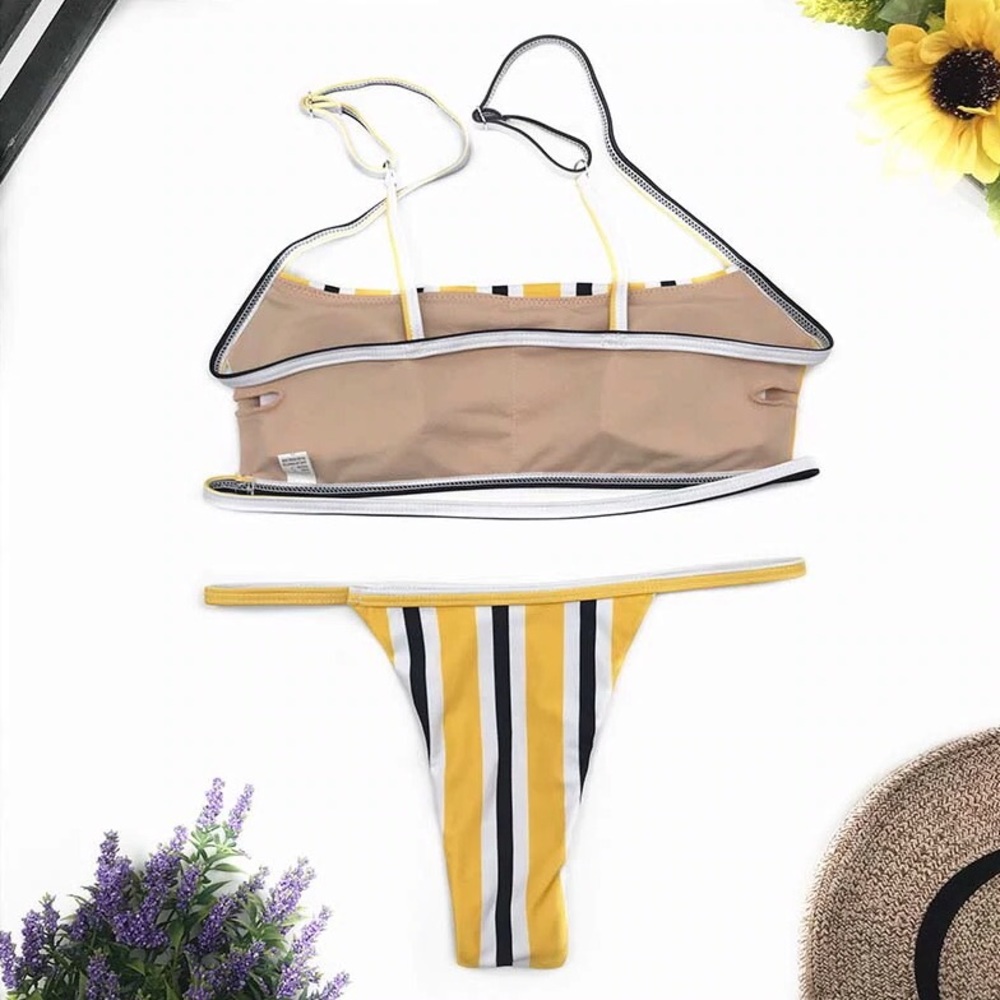 🔥Yellow Multi Striped Strappy Bandeau Bikini Set - Picture 4 of 5